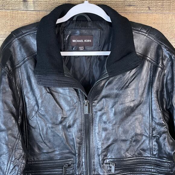 Michael Kors Black Genuine Leather Insulated Bomber Jacket Size Medium - Picture 2 of 12